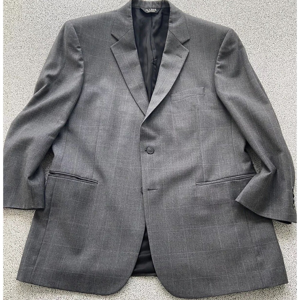 Jos A Bank Sport Coat 44R Travelers Collection Grey Wool Windowpane Blazer 8 Pkt